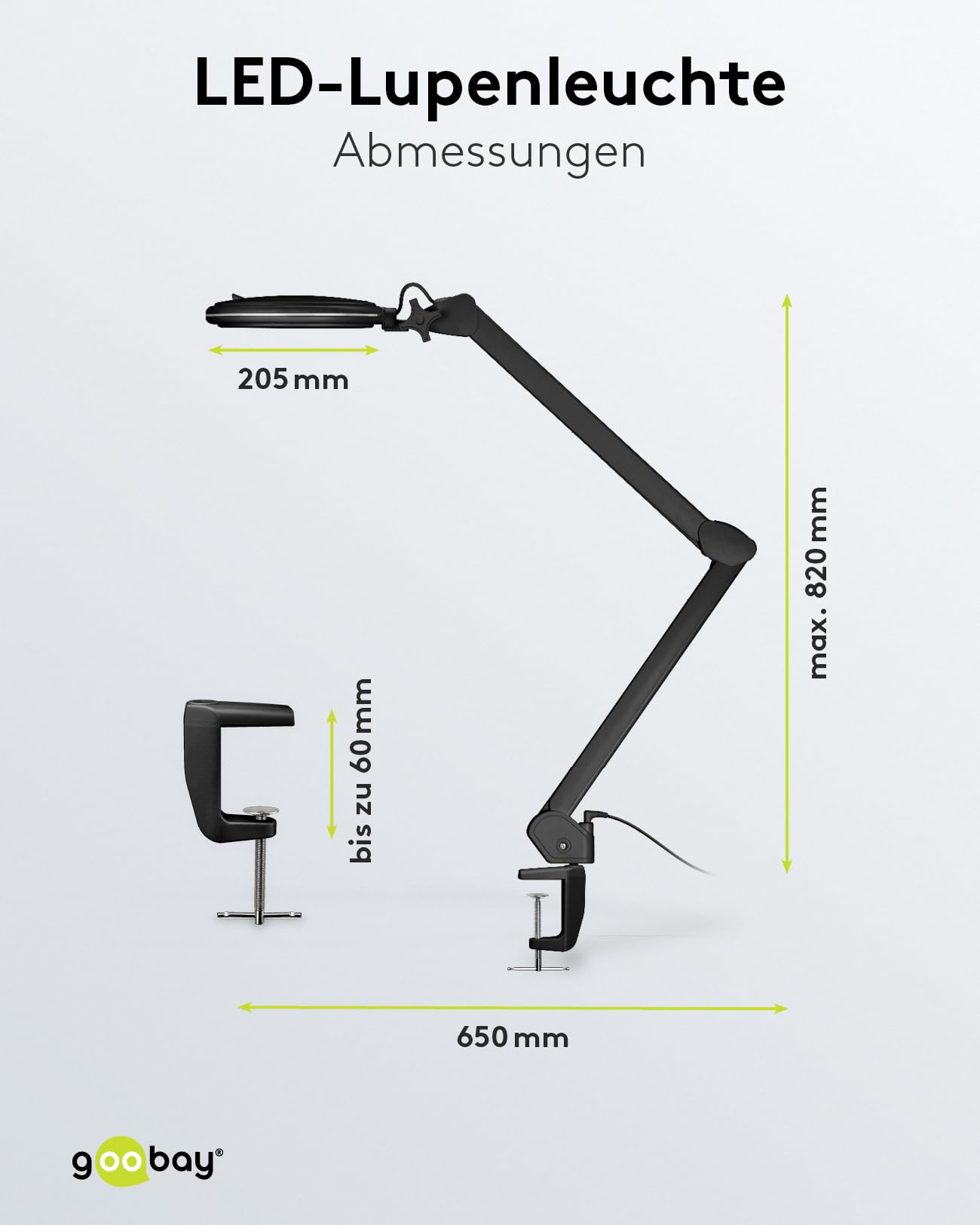goobay 64986 Lámpara aumento LED 10W 800lm/ pinza/lente cristal 127mm 1,75 aumentos/lupa trabajo cosmética, soldadura, manualidades, leer/brazo articulado/lámpara sobremesa