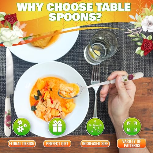 Image of Sugar Spoon Set of 6 - Elegant 8.3″ Floral Table Tablespoons Set with Non-Heating Ceramic Handle for Secure & Comfortable Grip - Food-Safe & Corrosion-Resistant Stainless Steel Soup Spoons Silverware