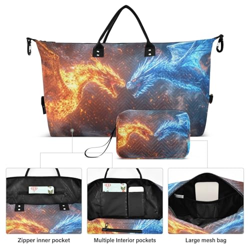 Travel Duffel Bag Abstruct Dragon Fire Blue Gym Bag Sports Tote Bag with Multiple Interior Pockets Shoulder Weekender Bag for Women Men with Toiletry Bag 20.5”x 7.9”x 13.82