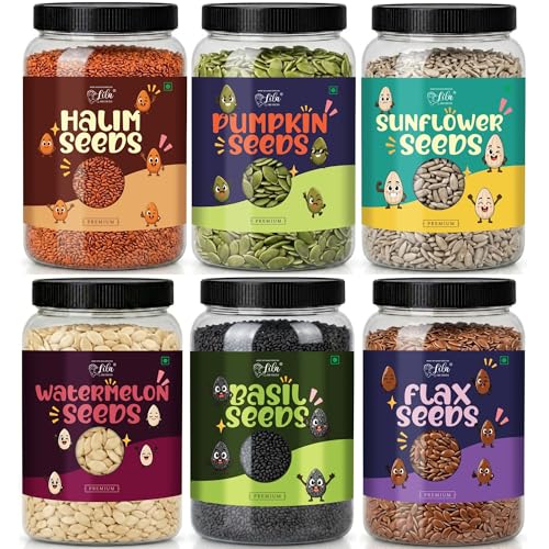 Image of LILA DRY FRUITS Super Seeds Combo Pack Pumpkin Sunflower Flax Watermelon Basil Halim Seed 100 g x 6 for Healthy Daily Nutrition Perfect for Gifting