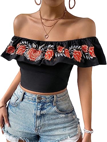 MakeMeChic Women's Floral Embroidered Off Shoulder Ruffle Trim Crop Top Blouse Shirt