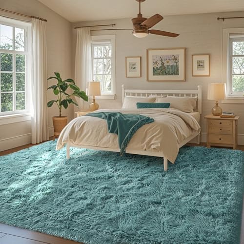 9x12 Area Rugs for Living Room Teal Shag Rugs, Modern Plush Non-Slip Soft Carpets for Bedroom Kids Nursery Dorm Daycare Floor
