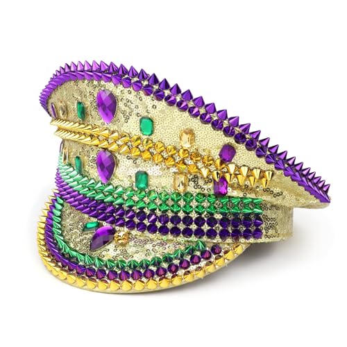 Needzo Green and Purple Studded Rhinestone Captains Hat Accessories for Music Festivals Mardi Gras and Bachelorette Parties One Size Fits Most