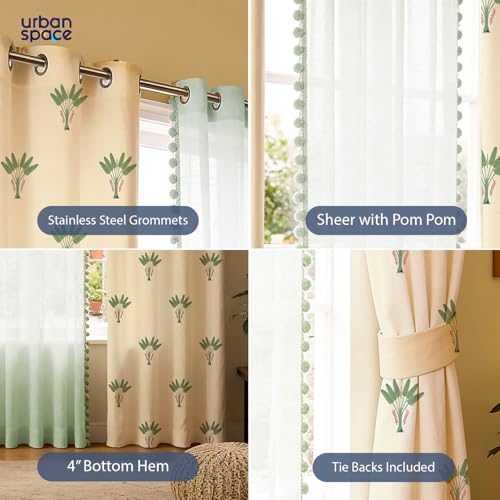 Image of Urban Space Printed 100% Cotton Curtain for Window, Cotton & Sheer Combo Set of 3 Curtains 5 Feet Long, Tieback & Eyelets Included with Curtains for Room Darkening (Palm Lagoon Green & Mint pom pom)