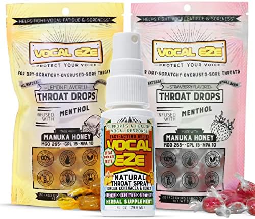 Vocal Eze Throat Spray (1), Manuka Honey Lemon (20) and Strawberry (20) Throat Drops to Soothe and Protect a Sore or Hoarse Voice