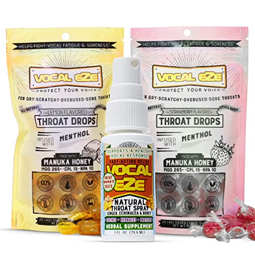 Vocal Eze Throat Spray (1), Manuka Honey Lemon (20) And Strawberry (20) Throat Drops To Soothe And Protect A Sore Or Hoarse Voice #TOP3