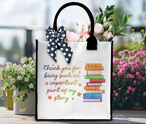 Teacher Tote Bag For Women, Thank You For Being Such An Important Part Of My Story Tote Bag, Appreciation Gift Tote Bag With Ribbon For Teacher's Day, Beach Tote Bag Thank You Gifts For Teachers -063