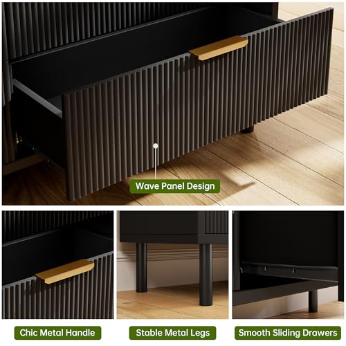 GarveeHome Black Fluted 3 Drawers Dresser, Wide Wood Chest of Drawers, Modern Storage Dresser Chest of Drawers Organizer with Metal Legs and Anti-Tipping Device for Bedroom Living Room
