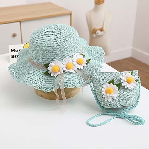 rismart Hat and Bag Set, Toddler Girl Summer Wide Brim Beach Straw Hat with Flower and Shoulder Purse Bag2