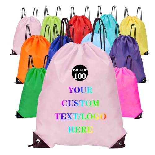 Custom Bags With Your Logo Set of 100 Custom Backpack Draw String Bags Pack Bulk for Travelling Swimming Gym Everyday Use (Pink)