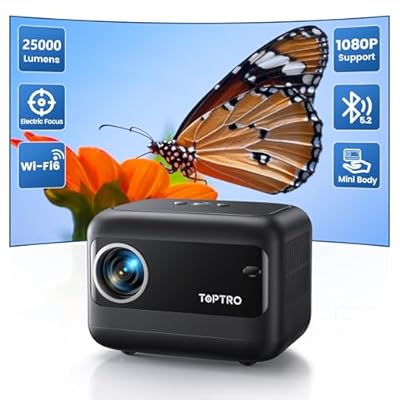 TOPTRO - MiniProyector Portatil 【Enfoque Eléctrico】 20000 lúmenes Proyector 1080P Soporte Corrección Trapezoidal Motorizada ±40° WiFi 6 y Bluetooth 5.2 TR25 Proyectors Cine En Casa para iOS/Android/PC/HDMI