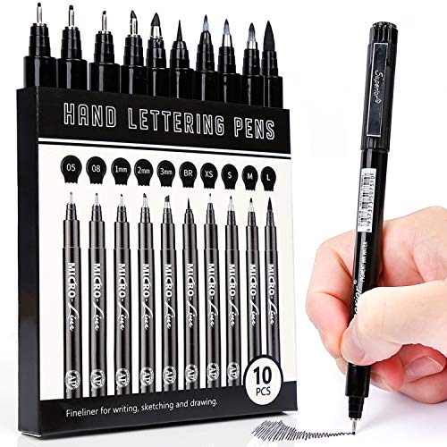 LuluPlus Calligraphy Pens, 10 pcs Hand Lettering Pens, Black Markers with Assorted Tip Sizes, Drawing Pens, Fine Tip Markers, Writing Pens for Note Taking, Calligraphy Markers for Journaling