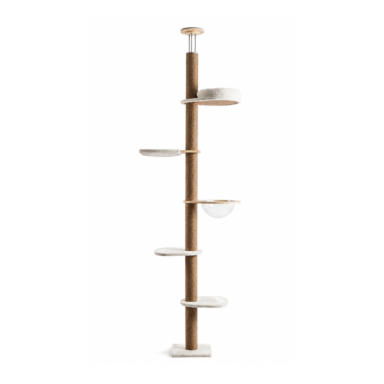 Avilia - Arbre à chat au plafond réglable 260-300 cm – Tour verticale gain de place pour chats avec hamac en dôme et niche – Arbre à chat en bois et jute naturelle – Design colonne