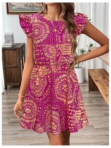 Image of SOLY HUX Women's Boho Print Tie Back Mini Dress Ruffle Cap Sleeve Crew Neck Vacation Dresses