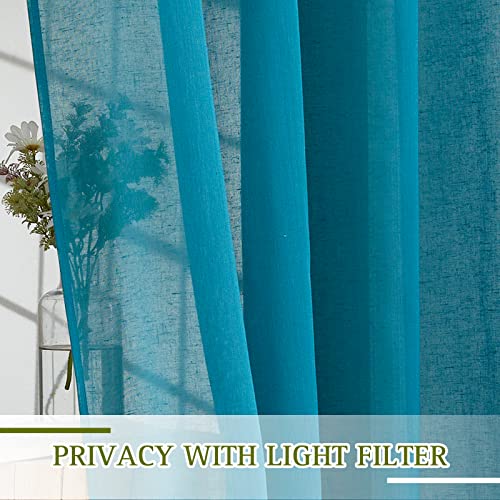 NICETOWN Linen Sheer Bedroom Curtains 72 inch Long, Grommet Top Casual Flax Semi Sheer Window Drapes Privacy with Light Filtering for Living Room, W52 x L72, Peacock Green, Set of 2