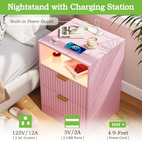 Image of Night Stand Set 2, LED Nightstand with Charging Station, Fluted Nightstands Set of 2 with 2 Drawers, Wood Side Table End & Bedside Tables for Bedroom Sofa Office, Pink