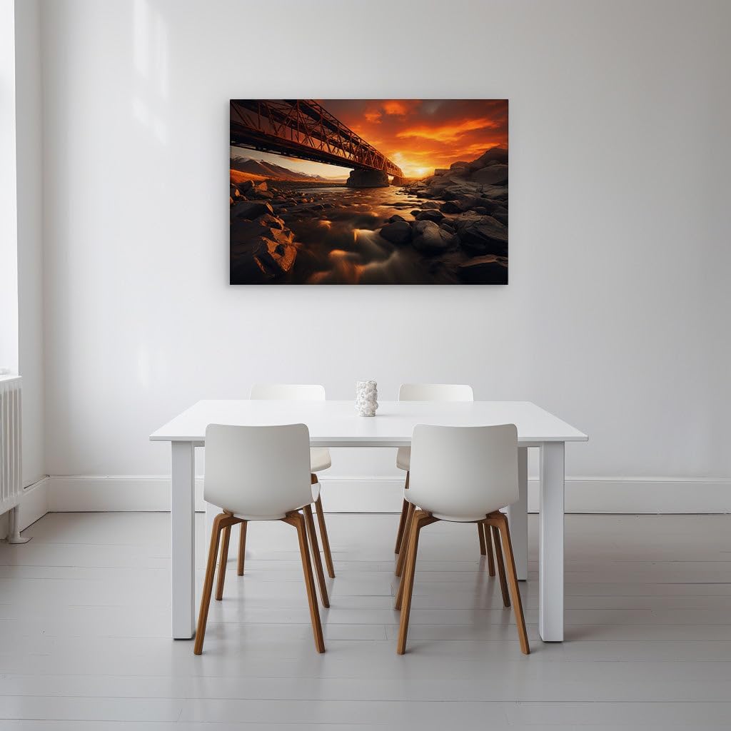 Canvas for Living room. Bridging Tranquility: Sunset Hues Bathe a Metallic Wonder, 27 x 18 inch Canvas Wall Art - Modern Home Decor