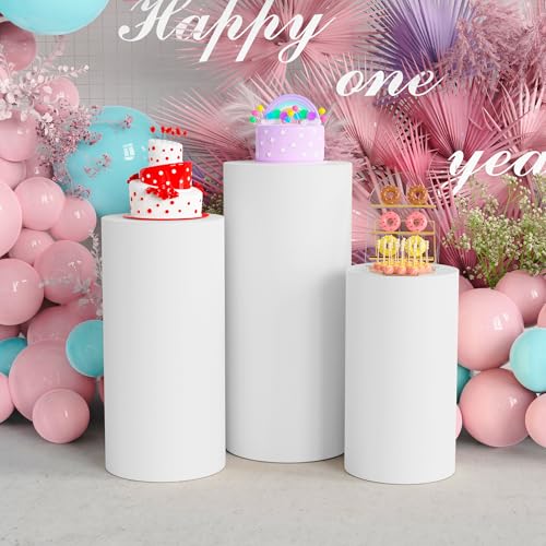 Image of Putros Cylinder Pedestal Covers White 3Pcs Spandex Cylinder Plinth Stand Cover for Party Wedding Props Event Decor