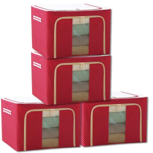 Image of RENVA 6 PCS polycotton Clothes Storage Organizer Bins, Foldable Storage Bins-Cloth Steel Frame Storage Box with Foldable Clear Window & Reinforced Handles (Red, 66L-6)