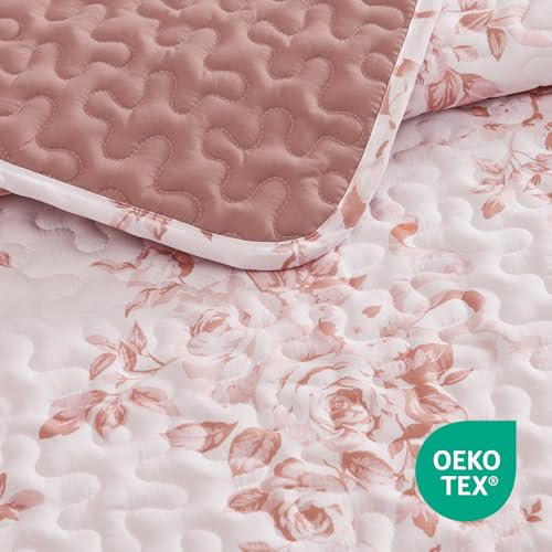Image of Andency Quilt Queen Size, Pink Flower Bedspread Queen Size, 3 Pieces Soft Bedding Set, Lightweight Coverlet Set for All Season with 2 Pillowcases (96 inchx90 inch)