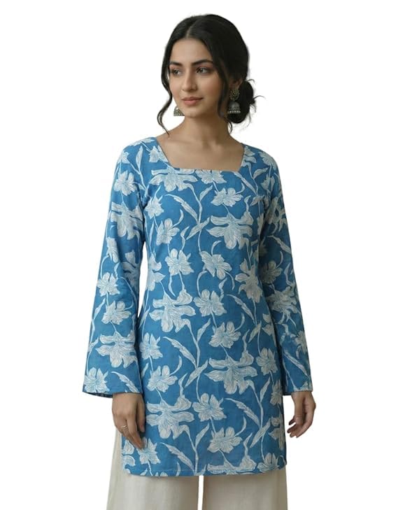 Image of MAHIRA'S Comfort Women's Short Kurti, Rayon Tunic Top with 3 /4 Embroidered Designer Sleeves | Soft Breathable Fabric | Office & Casual Kurti for Jeans, Leggings & Trousers