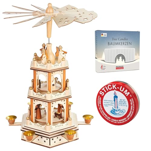 BRUBAKER Christmas Pyramid - 3-Tier Rotating Wooden Pyramid - 18 Inch Candle Decoration Made of Wood - Hand-Painted Figures + 20 White Candles + Stick-Um Candle Adhesive