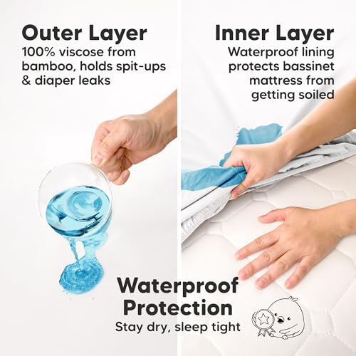 Image of 2-Pack Waterproof Bassinet Sheets Boy, Girl - 33x17 Baby Bassinet Mattress Protector Cover, Viscose Derived from Bamboo, Compatible with Graco, Baby Delight, Halo Bassinest Swivel Sleeper (Soft White)