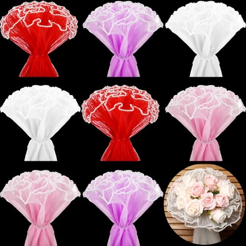 Gilprop 8 Pcs Flower Wrapping Mesh Paper, Wavy, Red, Pink, White, Purple