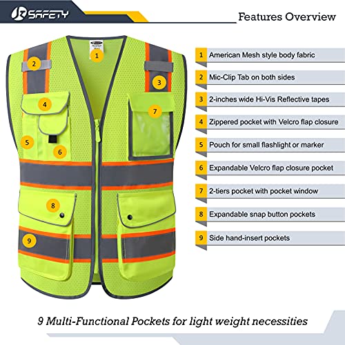 Image of JKSafety 9 Pockets Hi-Vis Neon Yellow Zipper Front MESH Safety Vest with Fluorescent Orange Extend Edge outlining the Reflective Tapes Meet ANSI /ISEA Class 2 Standard (100-Yellow, L)