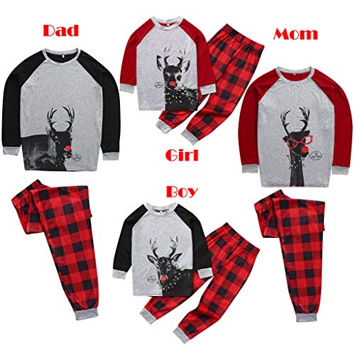 Shan-S Christmas Matching Family Pajamas PJ\'s, Xmas Deer Printed Long Sleeve T Shirt +Red Plaid Pants Sleepwear Loungewear Homewear 2 PCS Suit