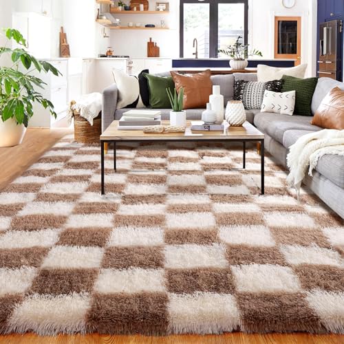 Tapis Damier Salon 120x180cm, Tapis Chambre Blanc et Marron, Lavable En Machine Carpet, Doux Shaggy...