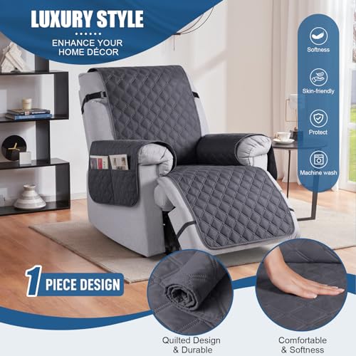 Image of TAOCOCO 100% Waterproof Recliner Covers, Recliner Sofa Covers with Leg Straps, Reversible Recliner Couch Cover for Reclining Chair, Washable Couch Protector for Pets Kids(1 Seater 22 inch, Deep Gray)