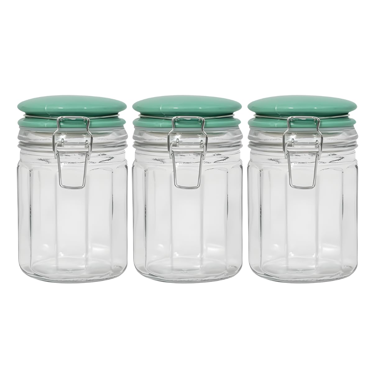 YöL Set of 3 Fluted Glass Storage Jar with Green Ceramic Lid 700ml Airtight Clip Lock Food Container for Sweets Biscuits Coffee Sugar Pasta and Dried Foods Kitchen Organisation Canister