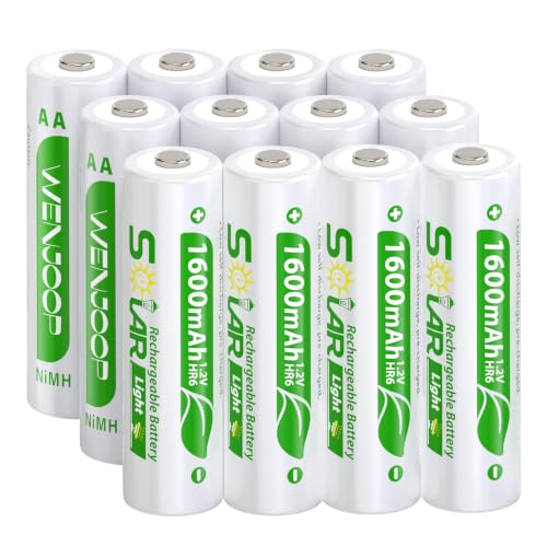 WENJOOP 12 Pack AA Rechargeable Batteries for Solar Lights 1600mAh NiMH 1.2V Precharged Low Self-Discharge Replacement Batteries for Outdoor Garden Pathway Deck Fence String Lights