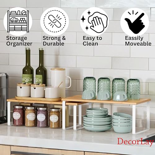 Image of Decorlay Metal & Wooden Free Standing Shelf Organizer Bathroom Kitchen Counter Top Shelves, Spice Rack for Pantry Dressing Cabinet Office Table Area (White + Beech)