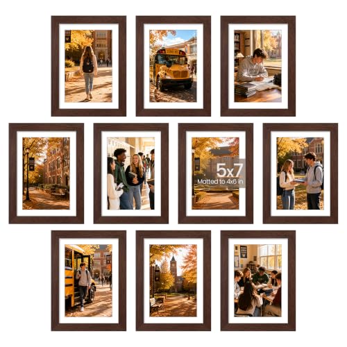 Image of upsimples 5x7 Picture Frame Set of 10, Display Pictures 4x6 with Mat or 5x7 Without, Multi Photo Frames Collage for Wall or Tabletop Display, Brown | Small Frame Fit 4x6 and 5 x 7 Photos, Wall or Tabletop Display, For Gallery Hallway Living Room, For Christmas Mother's Day
