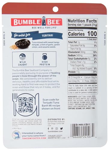 Image of Bumble Bee Teriyaki Seasoned Tuna Pouch - Wild Caught and Ready to Eat for Snack, Salad, Korean Tuna Bowl - 17g Protein per Serving - PERFECT, PORTABLE, GOODNESS - 2.5 oz Packet (Pack of 1)