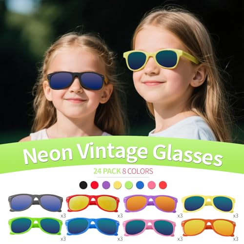24 Pack Kids Sunglasses Bulk with UV Protection, Neon Party Sunglasses for Summer, Beach, Goody Bags, Classroom Prizes & Party Favors2