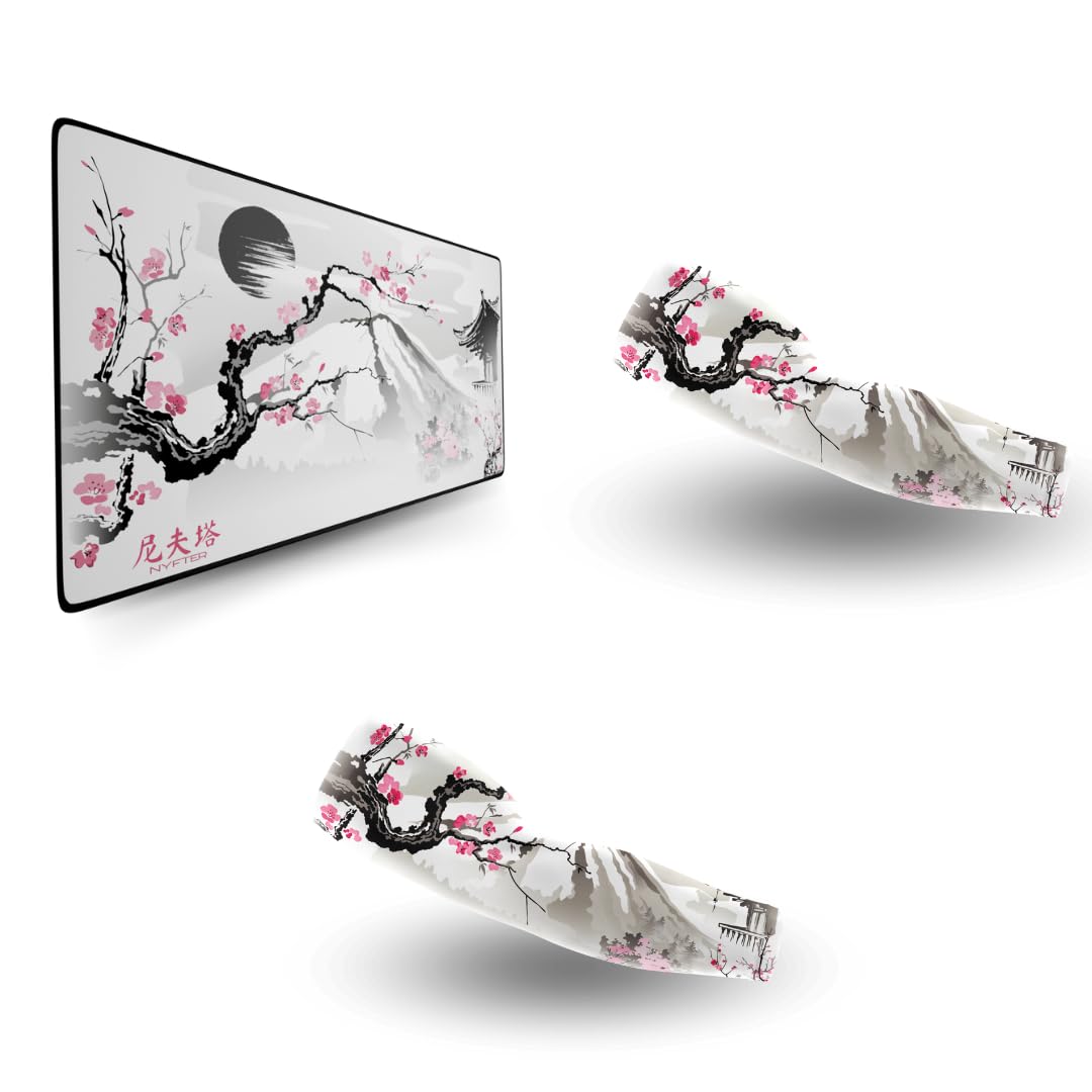Nyfter - Ultimate Glide Bundle Sakura White – Tappetino per mouse XXL da gioco 900 x 500 mm con rivestimento di fascia alta, 2 manicotti da gioco – Glide perfetto per i giocatori – Ultimate Bundle