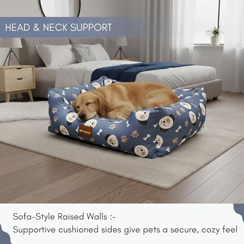 Image of SITSNOOZE XL Dog Bed (20 to 30kg) for Labrador, Golden Retriever, Husky - Orthopedic Sofa Mattress, Washable Heavy Duty Pet Lounger Cushion, Waterproof Non-Slip Calming Bed (Multi Blue, XL)
