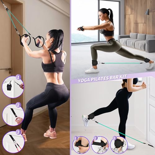 Image of Goocrun Portable Pilates Bar Kit with Resistance Bands for Men and Women - 3 Set Exercise Resistance Bands - Multifunctional Home Gym - Supports Full-Body Workouts - with Fitness Poster and Video