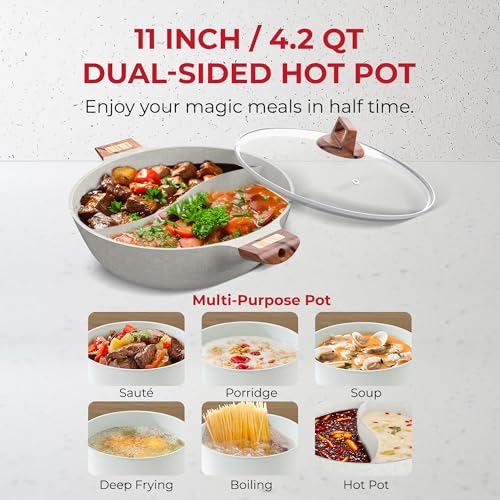 Image of Rosewill 4.2QT Double Flavor Non-Sticking Shabu Shabu Hot Pot with Divider, 13 inch Divided Stockpot for Cooking, Hot Pot for Induction Cooktop & Gas Stove, Electric Burner - Beige