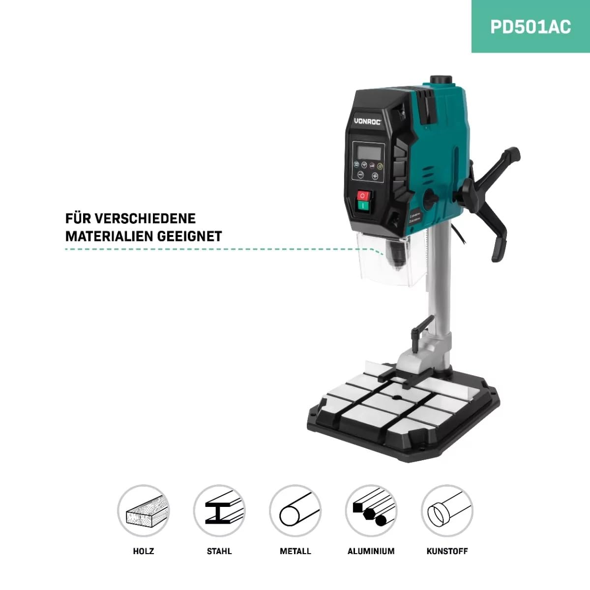 VONROC Standbohrmaschine 900W – Tischbohrmaschine – Ständerbohrmaschine - Digitales Bedienfeld mit LCD – Holz 40mm/Stahl 13mm – Kreuzlinienlaser und LED-Licht – Inkl. Zubehör