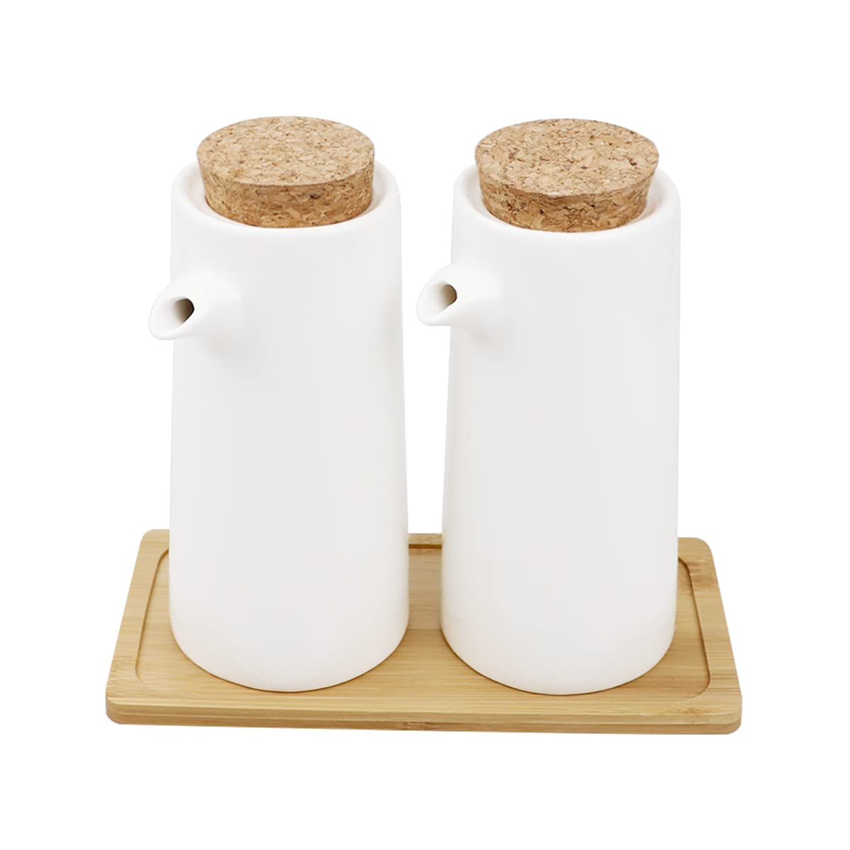 DOERDO 2Pcs Ceramics Oil Vinegar Dispenser Bottle Set, Olive Oil or Soy Sauce Dispenser Set, Olive Oil Decanter, Liquid Condiment Storage Can with Tray for Kitchen Cooking, 400ML