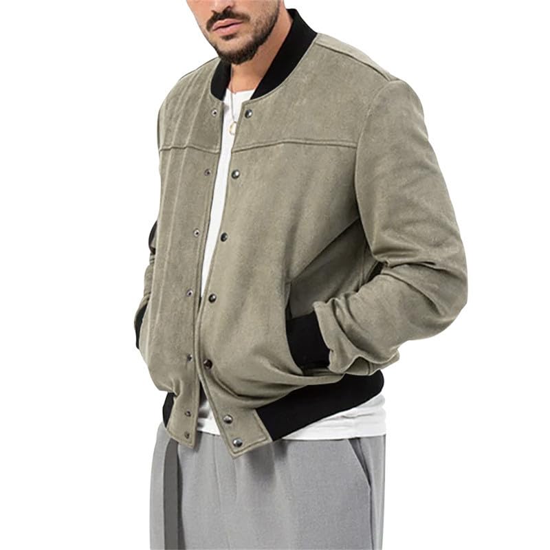 Image of Mens Faux Suede Bomber Jacket Varsity Jacket Windbreaker Vintage Casual Lightweight Leather Coats Jackets