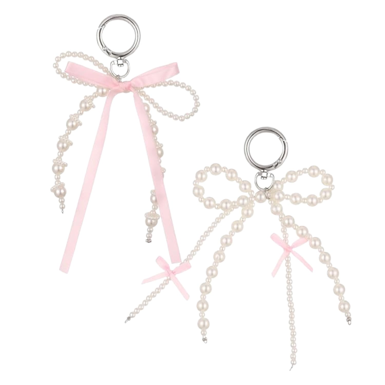 Flavizo 2Pcs Pearl Bow Keychain Set for Women - Elegant Ribbon Bow Bag Charms for Handbags, Cute Aesthetic Keyring for Purse, Phone Sling Strap Bling Accessory Gift