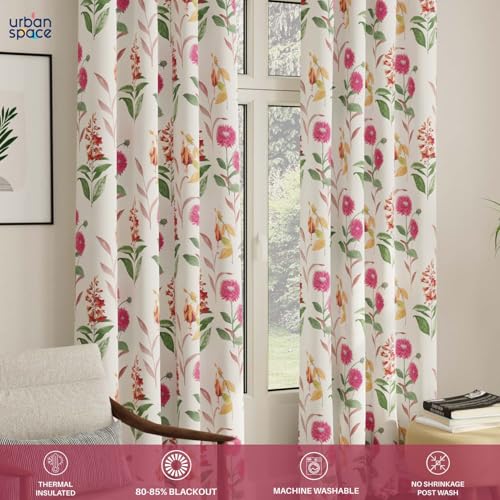Image of Urban Space Blackout Curtains 7 Ft Set of 2 for Door, Digital Printed Curtains with Eyelets, 80-85% Room Darkening Curtains for Living Room, Tieback Included (Cone Flower - Pink, Door 7 ft Length)