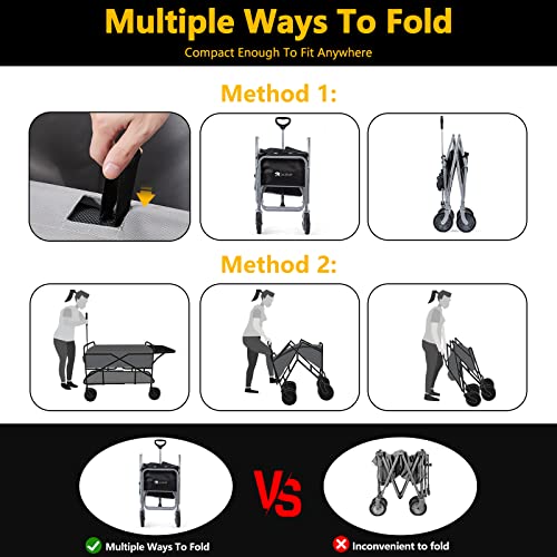 Kuznap Heavy Duty Collapsible Wagon, Utility Folding Wagon, Outdoor Garden Beach Cart With Side Bag And Drink Holder #TOP2