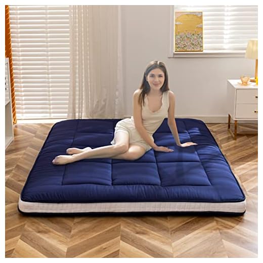HIGOGOGO Japanese Floor Mattress for Adults, 4" Thick Foldable Futon Mattress for Floor, Korean Roll Up Sleeping Pads, Portable Folding Foam Floor Bed Tatami Mat, Shikibuton for Guest, Navy, Queen