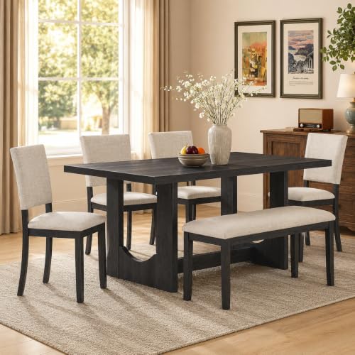 Image of LUMISOL 6 Piece Farmhouse Dining Table Set, Solid Wood Dining Table with 4 Upholstered Chairs and Bench, U-Shaped Base Kitchen Set for Dining Room, Kitchen, Antique Black + Beige